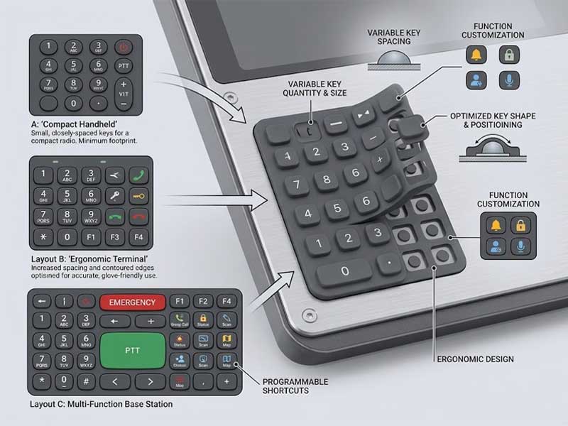 technical diagram illustrates various customization options for Telecommunication Devices Silicone Keypads showing different key sizes