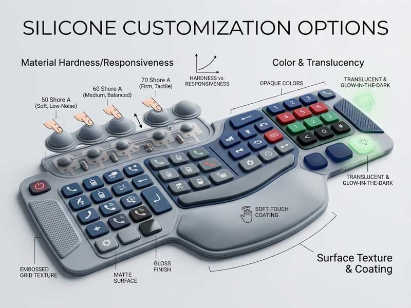 technical diagram showcases the material and aesthetic customization options for Telecommunication Devices Silicone Keypads