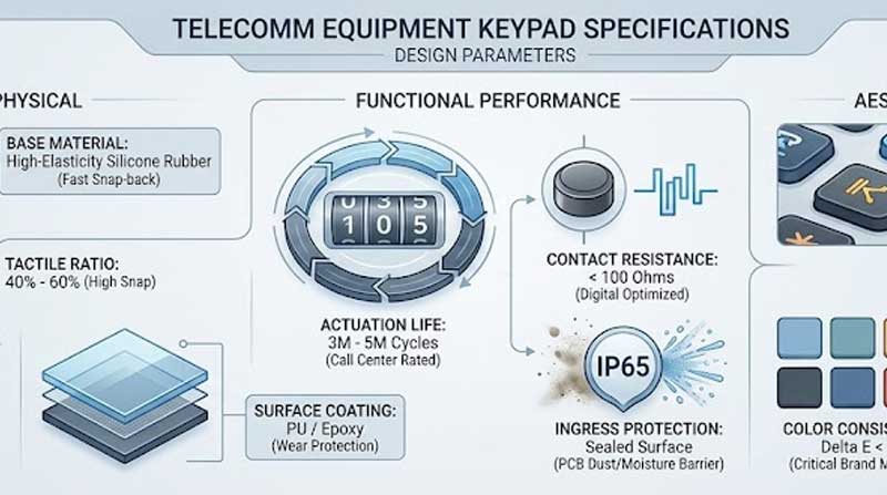 technical infographic displays the engineering specifications of Telecommunication Devices Silicone Keypads through a series of blue toned diagrams icons and data charts