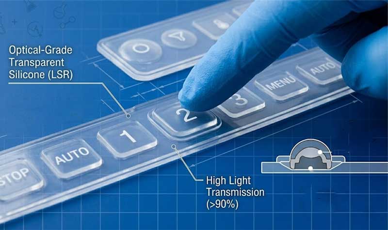 technical product illustration shows a blue gloved hand pressing a key on a transparent Silicone Keypad which features molded legends an internal dome structure