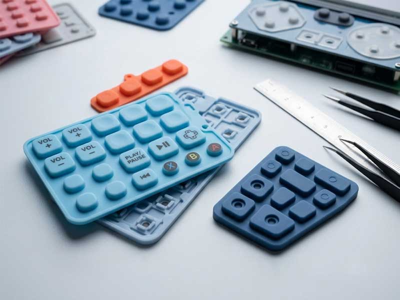 various Audio Gaming Devices Silicone Keypads with custom key arrays ergonomic button geometries and specialized media controls arranged alongside engineering tools on a worktable