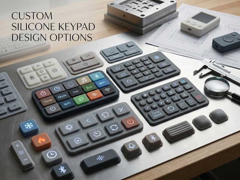 various custom smart home appliances silicone keypads arranged on an industrial metal workbench alongside design blueprints and tools