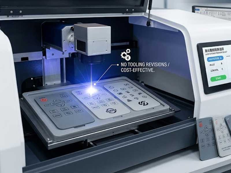 A desktop laser engraving machine prototyping silicone keypads in a factory lab showing digital control screen and multiple prototype design samples on a workbench