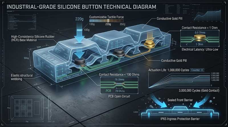 A detailed 3D technical blueprint diagram illustrating the internal engineering specifications of industrial grade conductive silicone buttons