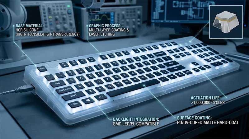 A detailed technical diagram showcasing backlit silicone keyboards with clear labels pointing to engineering specifications