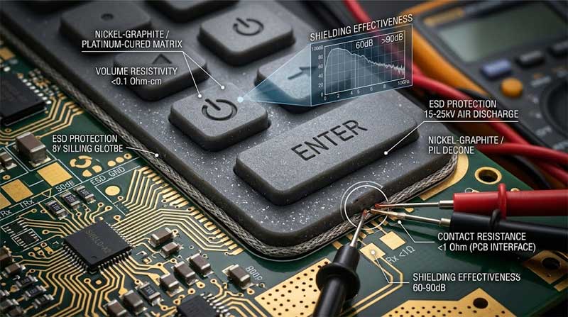 A detailed technical photograph shows an EMI Shielding Silicone Keypad marked with data overlays regarding its nickel graphite matrix and conductivity