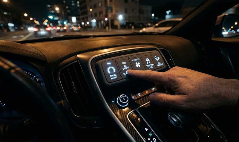 A driver presses a glowing backlit silicone button on a cars center console dashboard during a nighttime drive showing illuminated vehicle specific icons
