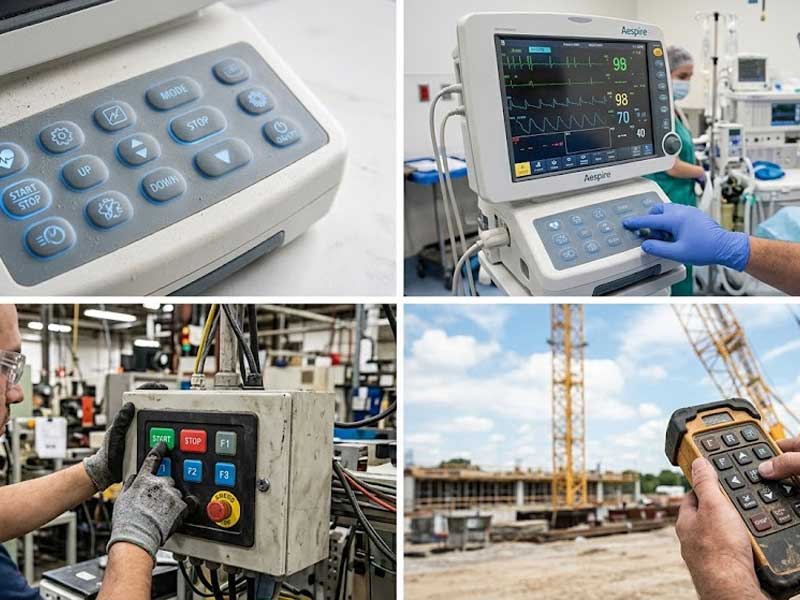 A four panel collage showcasing a durable silicone keypad interface used in various demanding environments