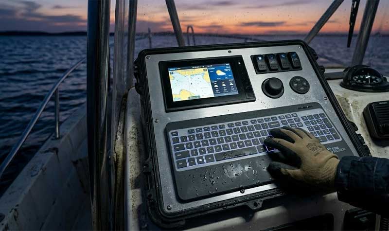 A gloved hand operating a marine navigation console with water resistant backlit silicone keyboards featuring soft white LED illumination on a boat deck during dusk