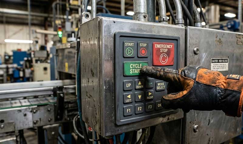 A gloved hand presses a green cycle start button on pad printed silicone keypads integrated into a rugged industrial control panel within a factory environment