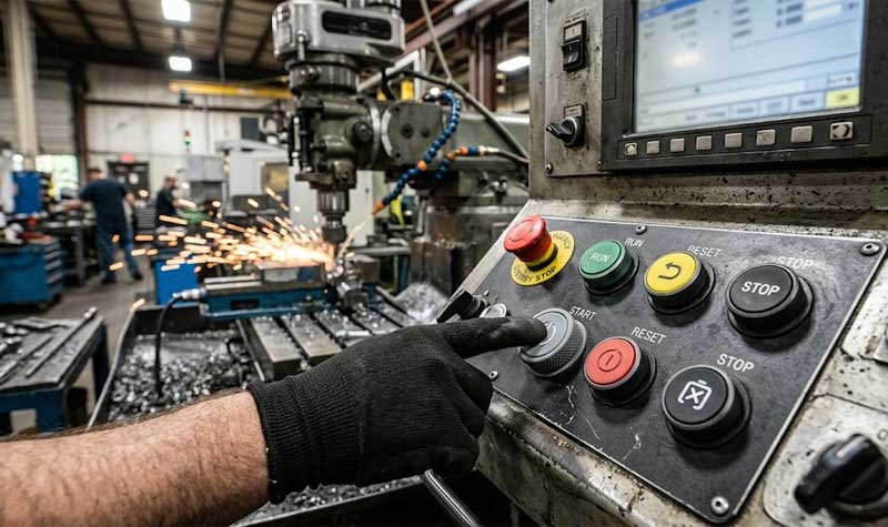A gloved hand pressing a START control on a heavy duty industrial machinery interface panel featuring durable conductive silicone buttons