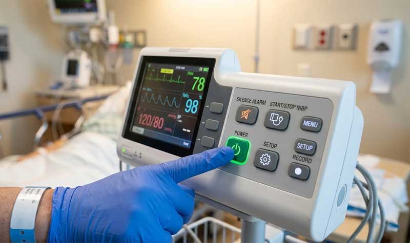 A gloved hand pressing a illuminated green POWER button on a medical patient monitoring device featuring hygienic conductive silicone buttons in a hospital room setting