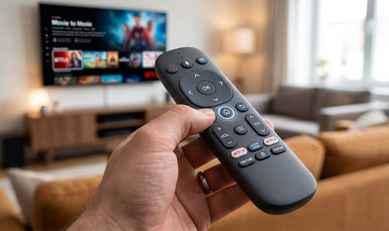 A hand holding a modern smart TV remote control with responsive conductive silicone buttons in a living room setting