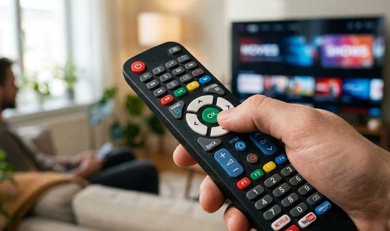 A hand holds a television remote control and presses the central button on its multi color pad printed silicone keypads in a living room setting