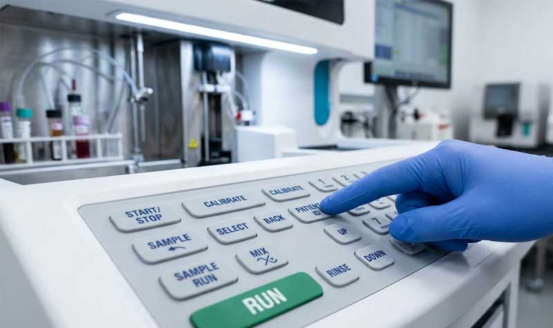 A hand wearing a blue medical glove operates pad printed silicone keypads featuring clear functional markings on a laboratory testing instrument interface