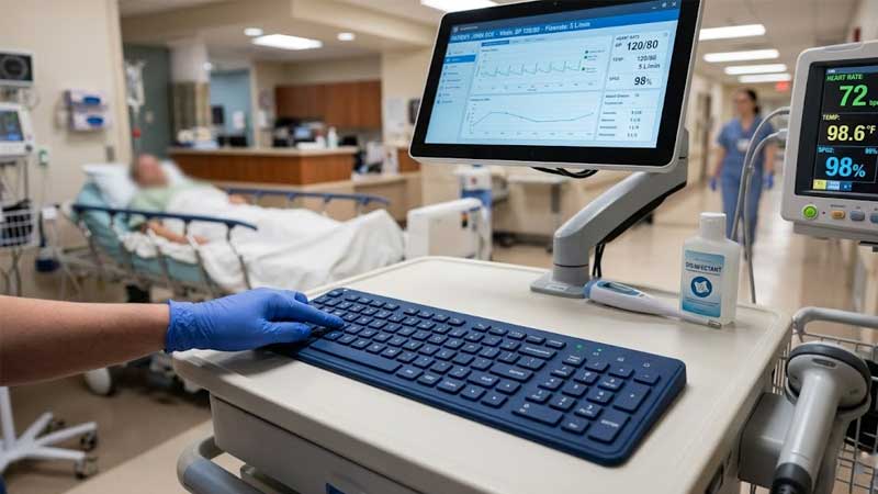 A healthcare professional wearing blue medical gloves uses a blue wireless silicone keyboard on a mobile clinical workstation equipped with diagnostic monitors
