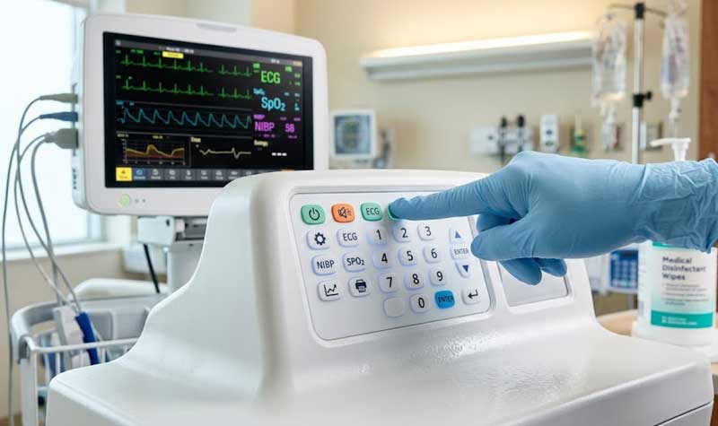 A healthcare worker wearing a blue medical glove operates an EMI Shielding Silicone Keypad on a vital signs monitor in a hospital room setting
