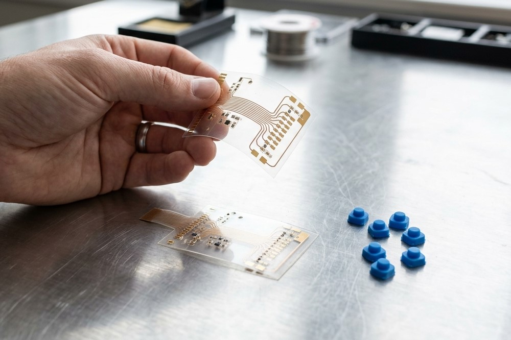 A man is holding a hybrid circuit board for integrated silicone rubber keypad and there are several single silicone buttons on the table