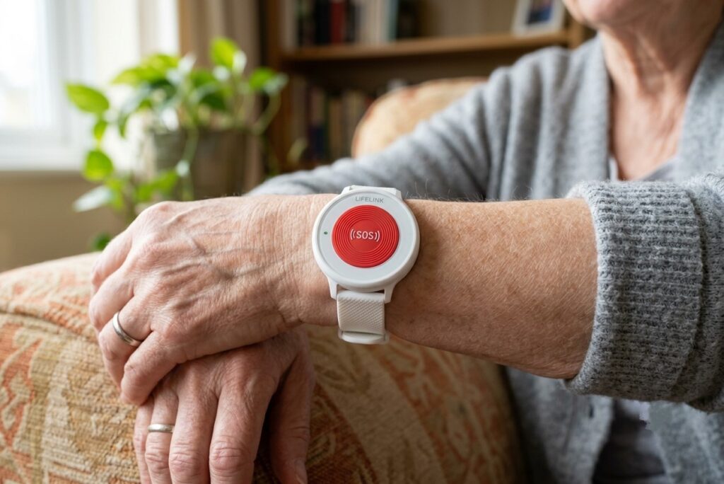 A man is wearing a panic button with silicone rubber keypads