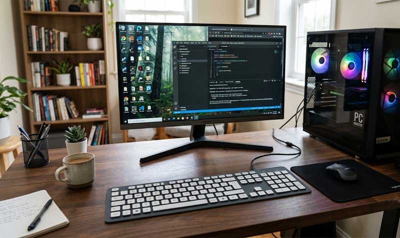 A modern desktop workstation features a large monitor a visible tower PC with internal RGB lighting and one of the Backlit Silicone Keyboards with white keycaps resting on a wooden desk