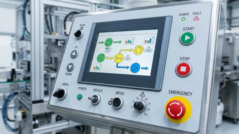 A modern industrial automation control panel featuring a clean graphic overlay