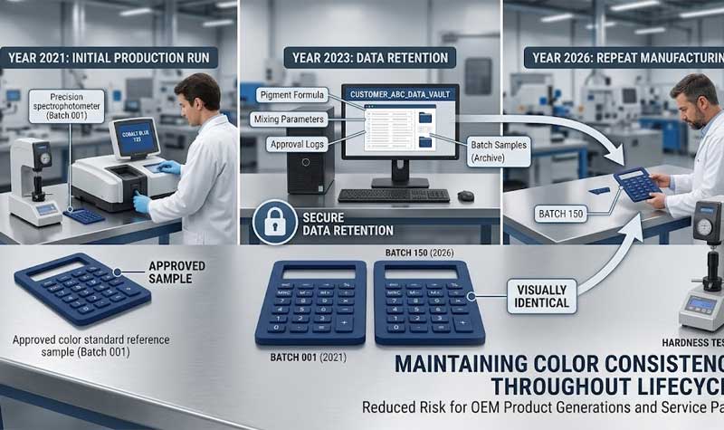 A multi panel industrial infographic showing the color matching process and data retention over five years