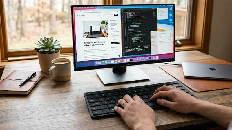 A person types on a sleek wireless silicone keyboard placed on a wooden desk in front of a computer monitor