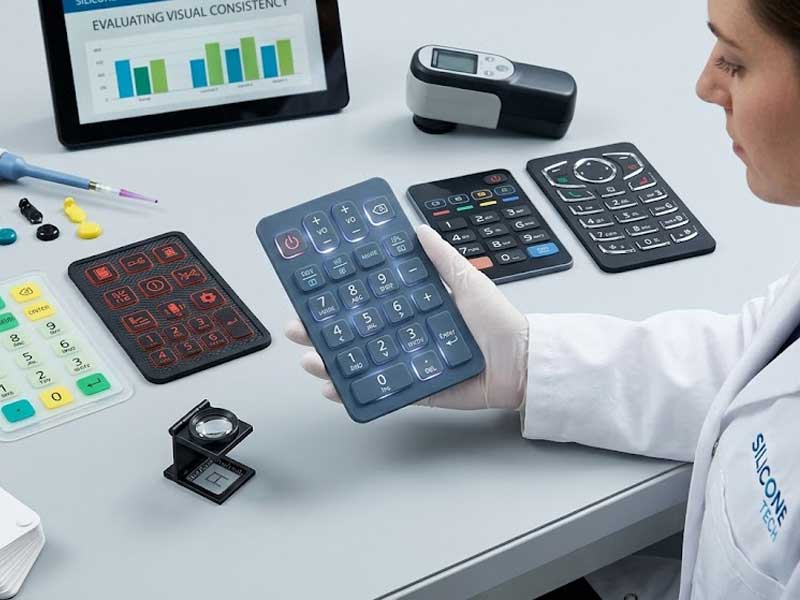 A quality control technician in a lab coat inspecting a custom blue silicone keypad on a tech workbench 1