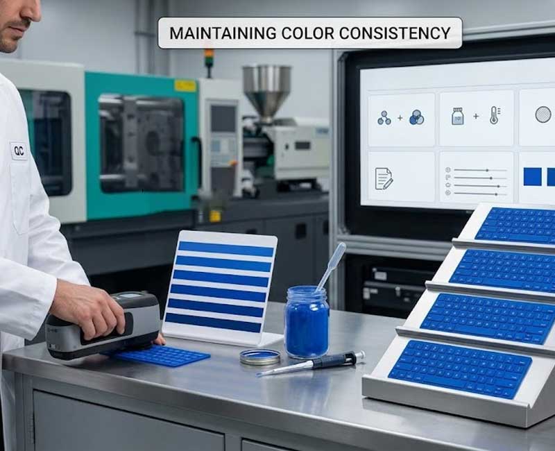 A quality control technician using a colorimeter to measure a blue silicone keypad next to a multi tier display of finished batches demonstrating long term color consistency in production