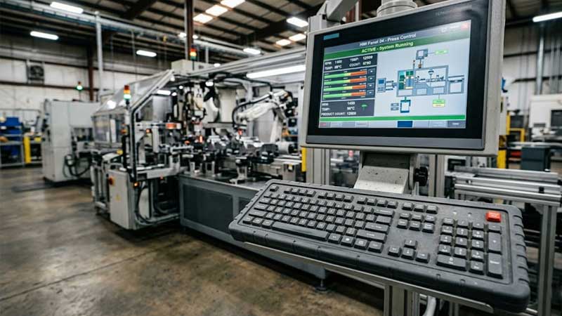 A rugged wireless silicone keyboard is mounted beneath an active industrial HMI monitor on a factory floor surrounded by automated machinery and robotic arm