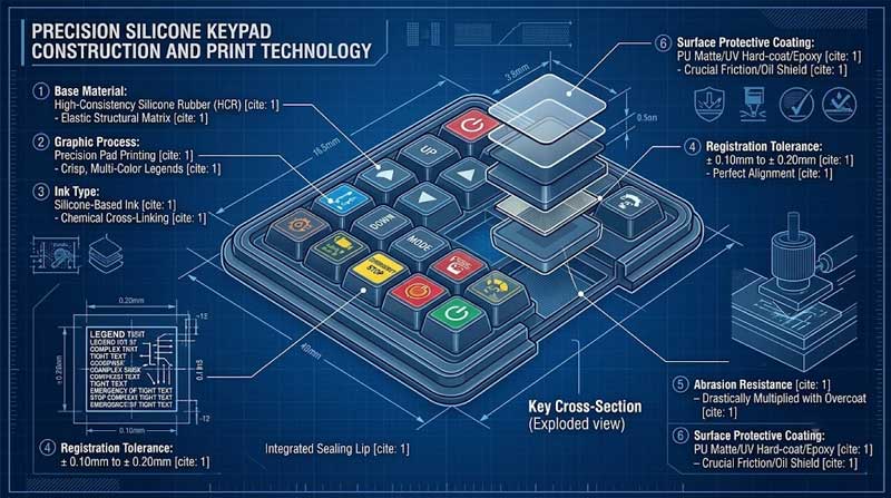 A technical blueprint diagram illustrates the multi layer construction and printing technology of precision pad printed silicone keypads