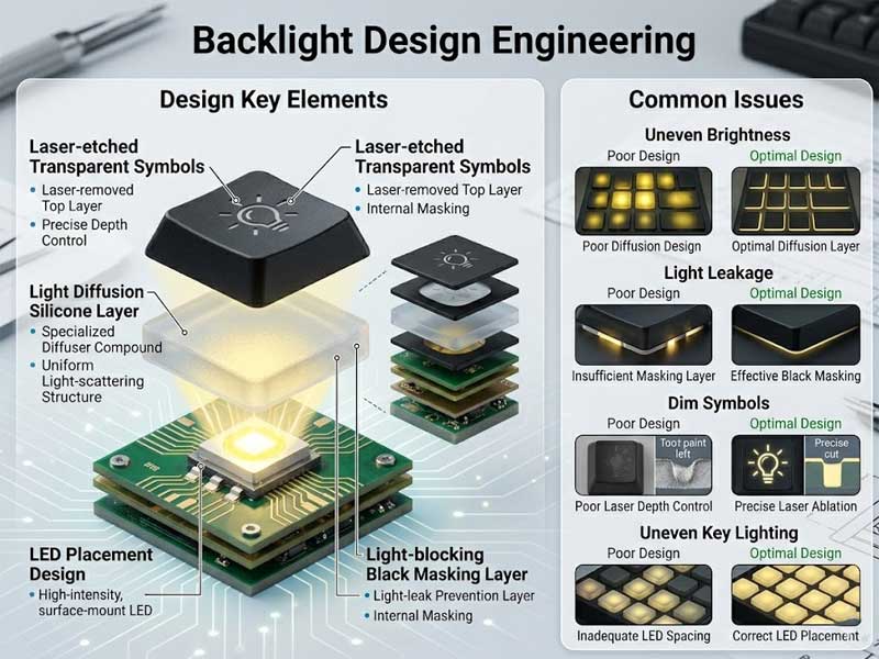 A technical design infographic titled Backlight Design Engineeringfeaturing a realistic 3D exploded view on the left that showcases the layered components of a backlit silicone keypad