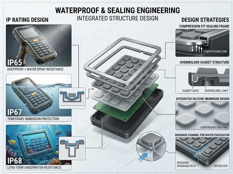 A technical design infographic titled Waterproof Sealing Engineering featuring a central realistic 3D exploded view of a handheld device