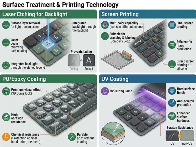 A technical infographic layout with four 3D diagrams showcasing surface treatment and printing technologies for silicone keypads