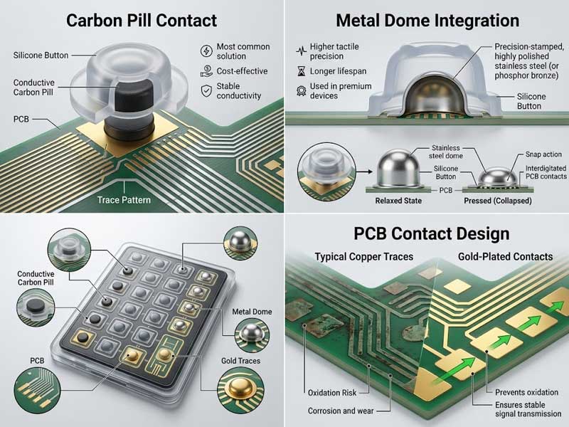 A technical infographic layout with four realistic 3D diagrams illustrating different silicone keypad conductive structures