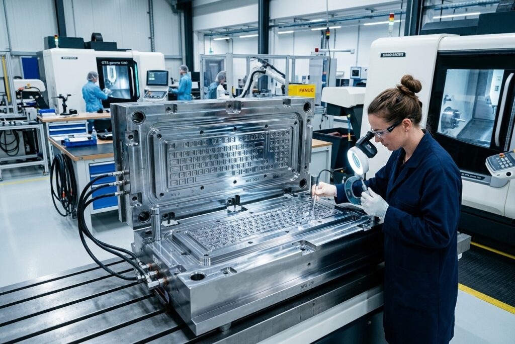 A worker is examining the tooling for silicone rubber keypad manufacturing, meeting the requirement of quality control management