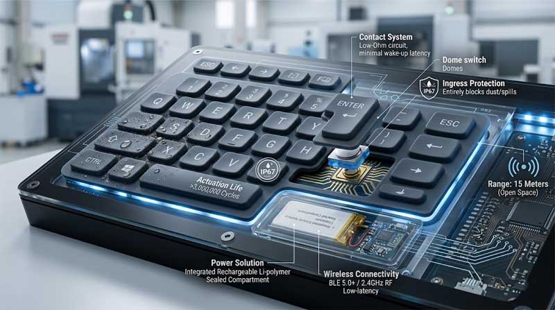An annotated cutaway illustration shows the internal components and specifications of one of these durable wireless silicone keyboards