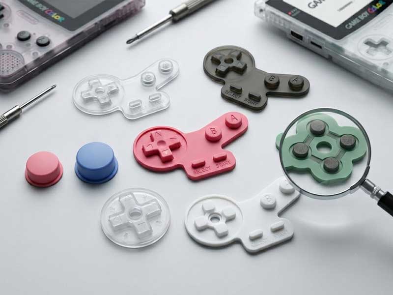 An assortment of custom silicone buttons and conductive rubber pads for the Game Boy Color console