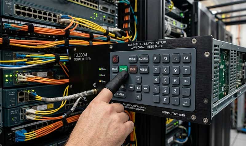 An engineer presses a button on a telecom signal tester featuring an EMI Shielding Silicone Keypad