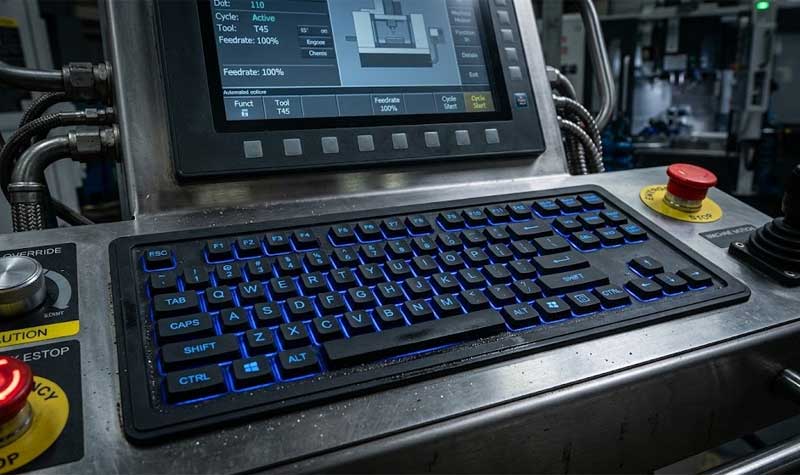 An industrial CNC machinery control panel featuring integrated backlit silicone keyboards with glowing blue LED characters
