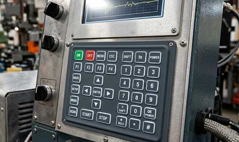 An industrial control panel featuring an EMI Shielding Silicone Keypad with neatly arranged clearly labeled buttons integrated into a heavy duty machine inside a manufacturing workshop 1