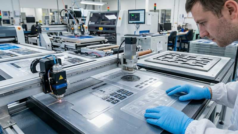 An industrial technician in blue gloves oversees a precision laser cutting machine processing a custom graphic overlay