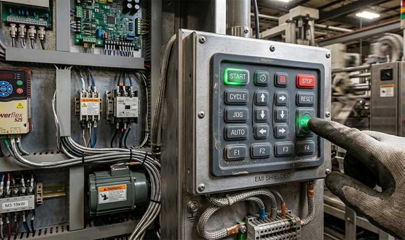An operator presses a button on a rugged industrial EMI Shielding Silicone Keypad integrated into a factory control panel 1