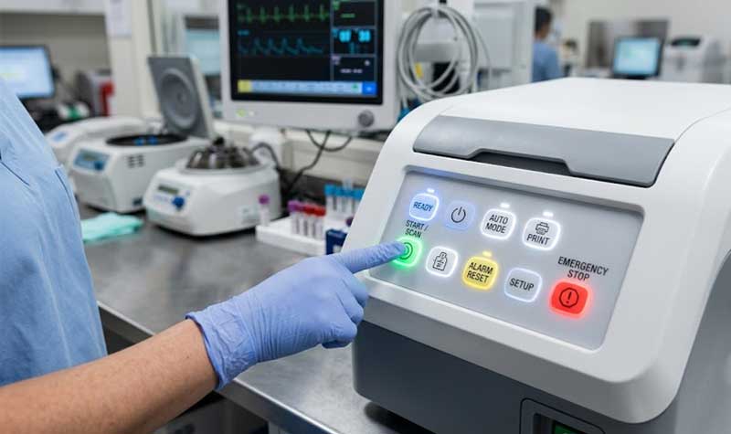 An operator wearing a blue medical glove presses a glowing green backlit silicone button on the interface of a medical diagnostic device inside a laboratory setting