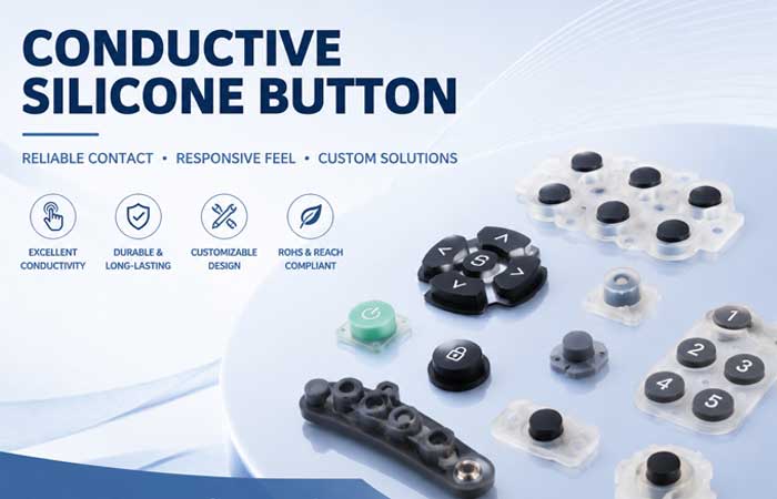 Collection of various conductive silicone buttons in different shapes and colors