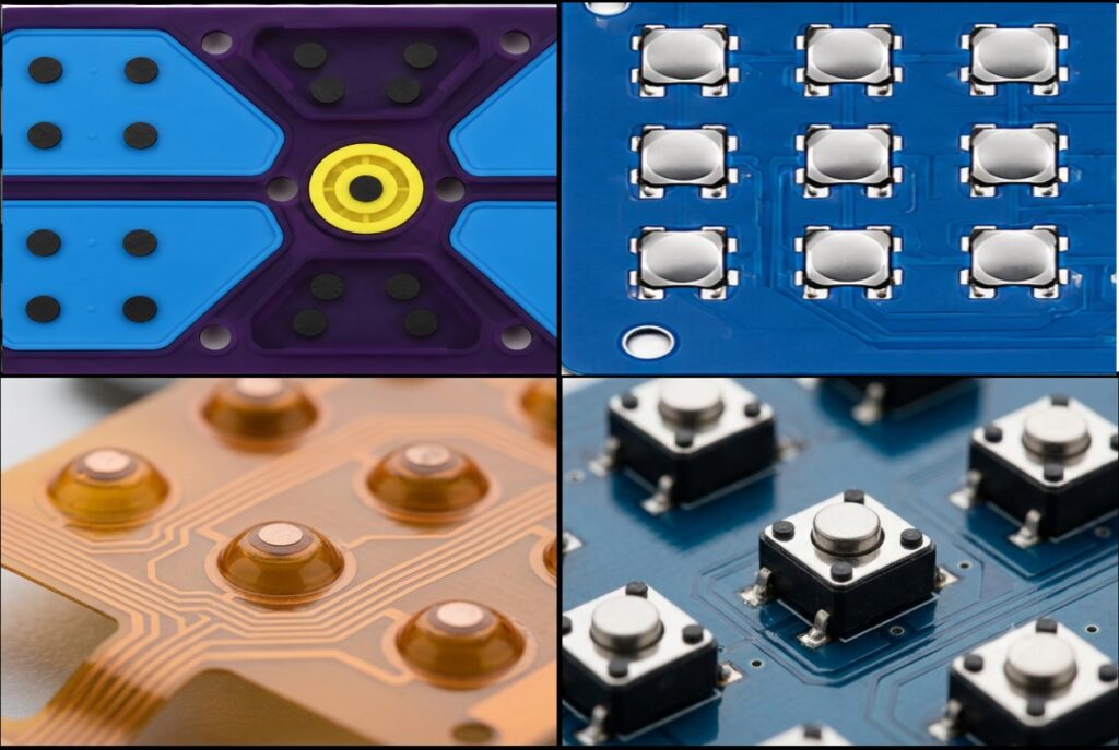 Diverse electrical contacts including carbon pills, metal domes, polydomes, and tactile switches for tactile feedback design in silicone keypad