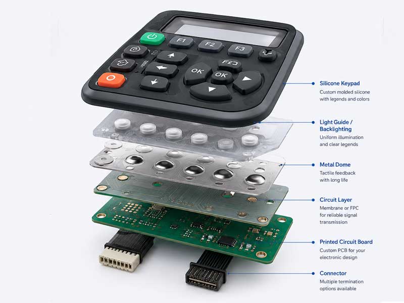 Exploded view of an electronic control panel assembly detailing six layers silicone keypad