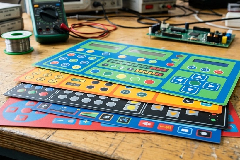 Graphics overlays on a table and ready to be tested for silicone rubber membrane keypad manufacturing