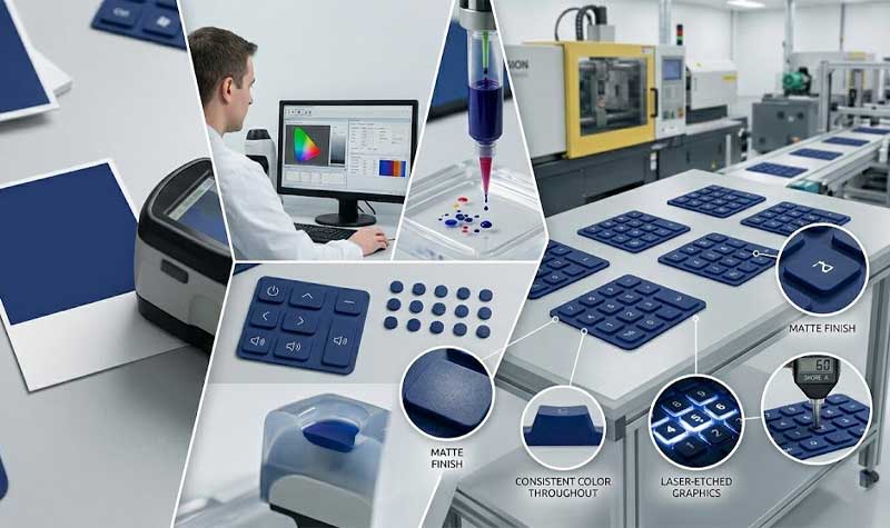 Industrial color matching process for custom silicone keypads showing the transition from a Pantone color swatch to final molded blue silicone rubber keypads