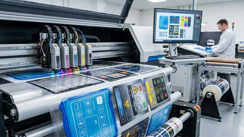 Industrial digital printing machine manufacturing multi variant graphic overlays showing precision inkjet printheads depositing vibrant colors on poly membrane film